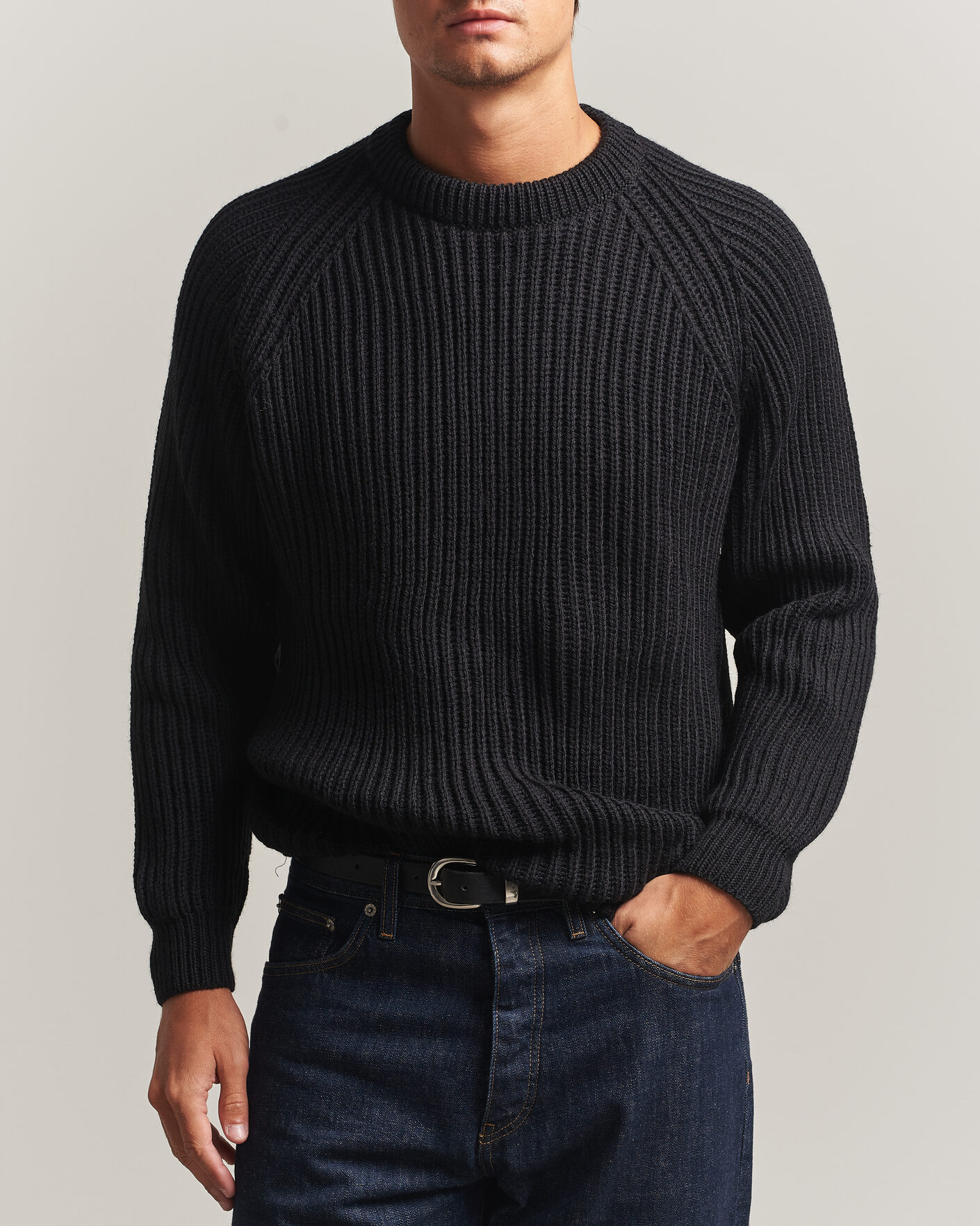 Herren | Pullover | Gloverall | Fisherman Rib Chunky Wool Crew Neck Black