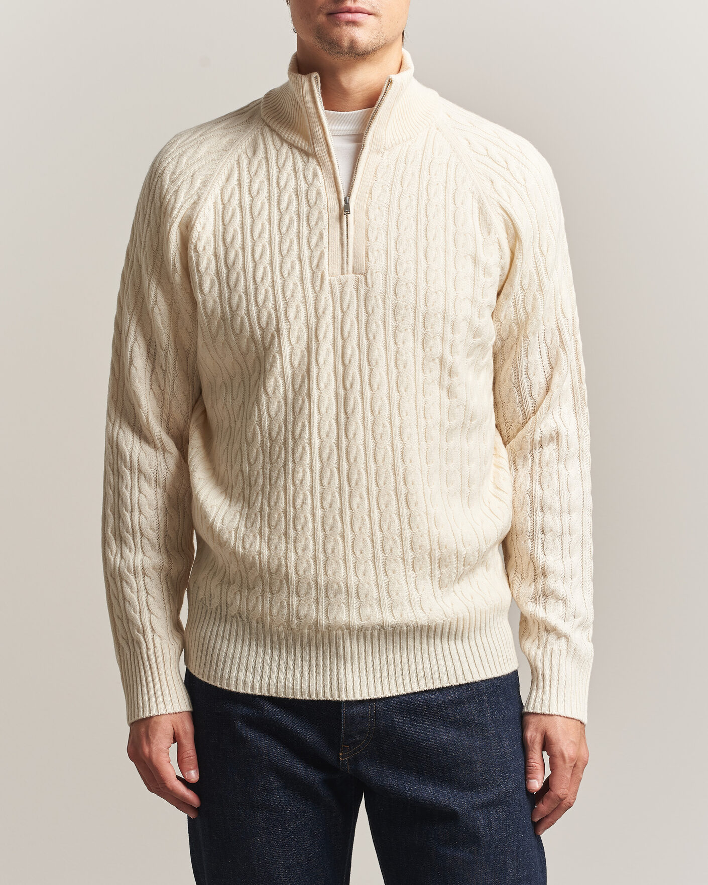 Herren | Pullover | BOSS BLACK | Furore Wool/Cashmere Cable Half Zip Open White