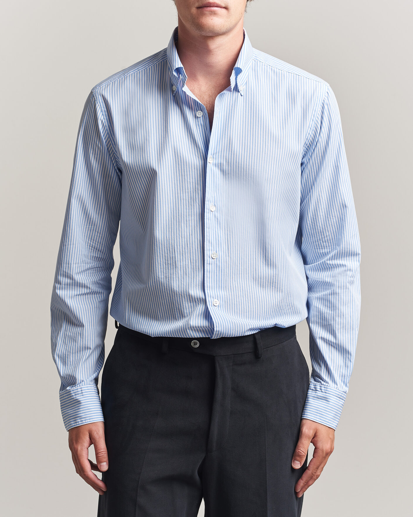 Herren | Hemden | Grigio | Popeline Button Down Shirt Light Blue Stripe