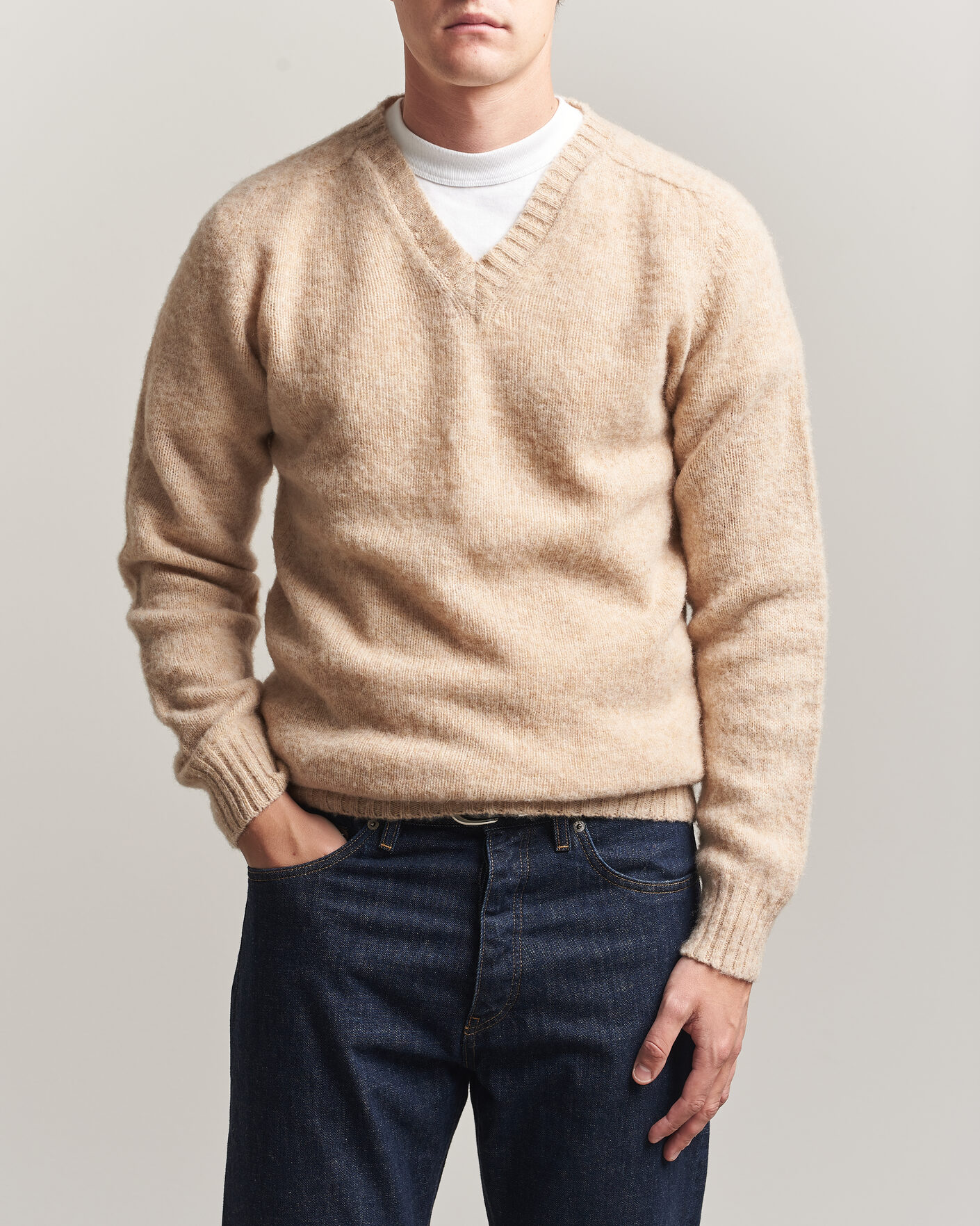 Herren | Pullover | Harley Of Scotland for Care of Carl | Brushed Supersoft Lambswool V-Neck Beige