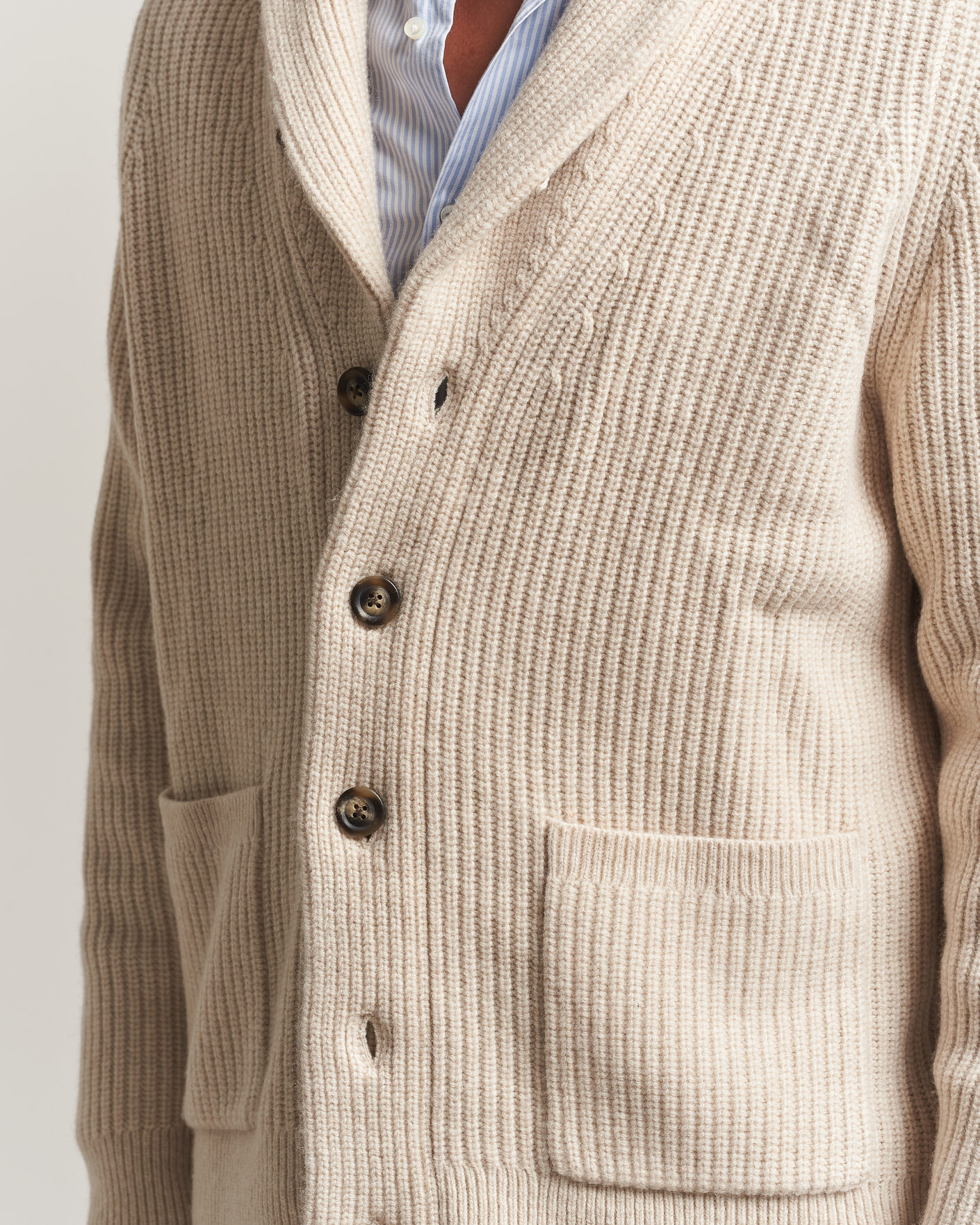 Herren | Pullover | Gant | Wool/Cotton Ribbed Shawl Collar Cardigan Light Beige