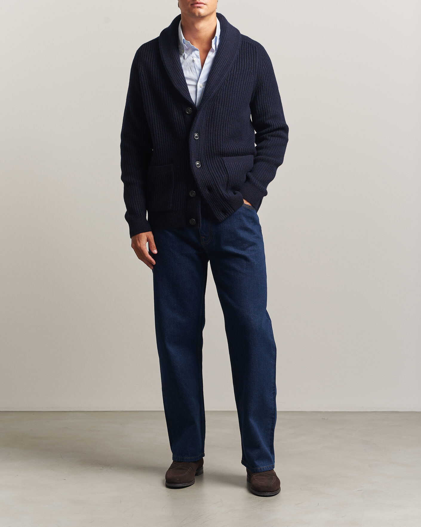 Herren | Pullover | Gant | Wool/Cotton Ribbed Shawl Collar Cardigan Evening Blue