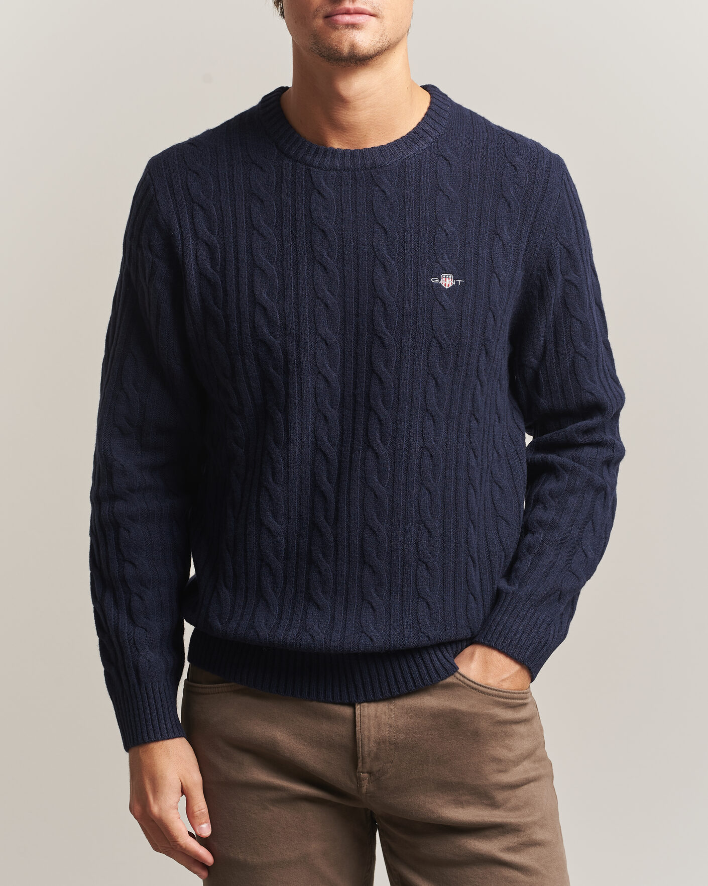 Herren | Pullover | Gant | Lambswool Cable Crew Neck Evening Blue