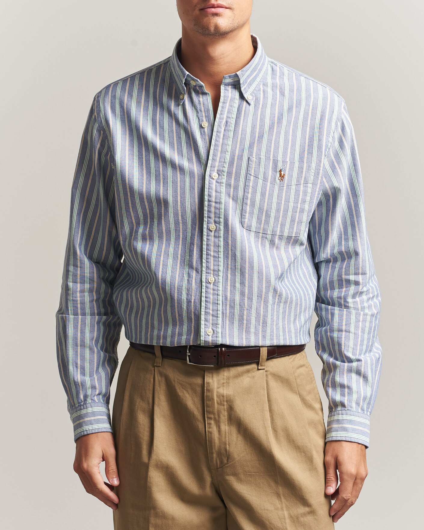 Herren | Hemden | Polo Ralph Lauren | Custom Fit Striped Pocket Oxford Shirt Navy/Yellow