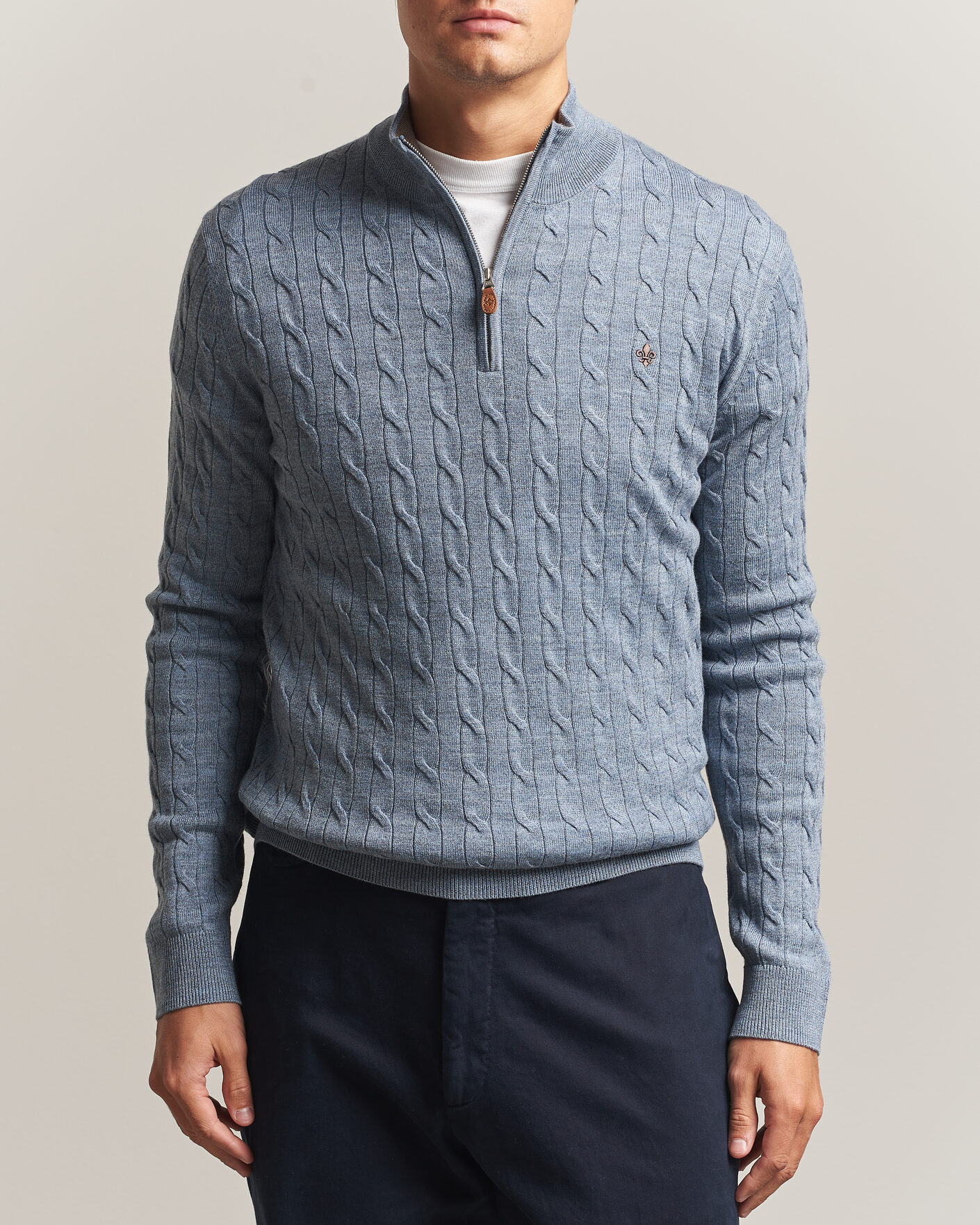 Herren | Pullover | Morris | Merino Cable Half Zip Light Blue