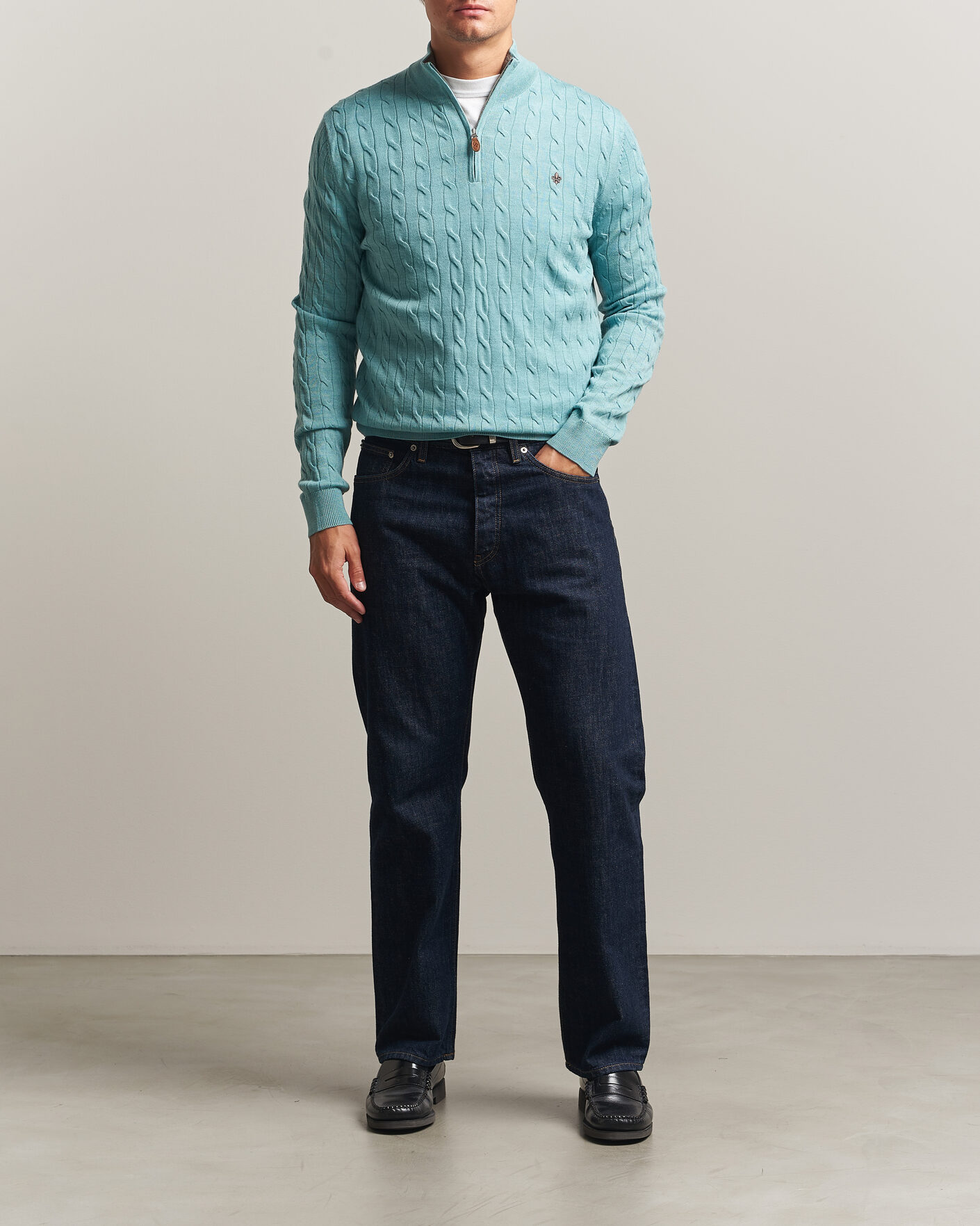 Herren | Pullover | Morris | Merino Cable Half Zip Ocean Blue