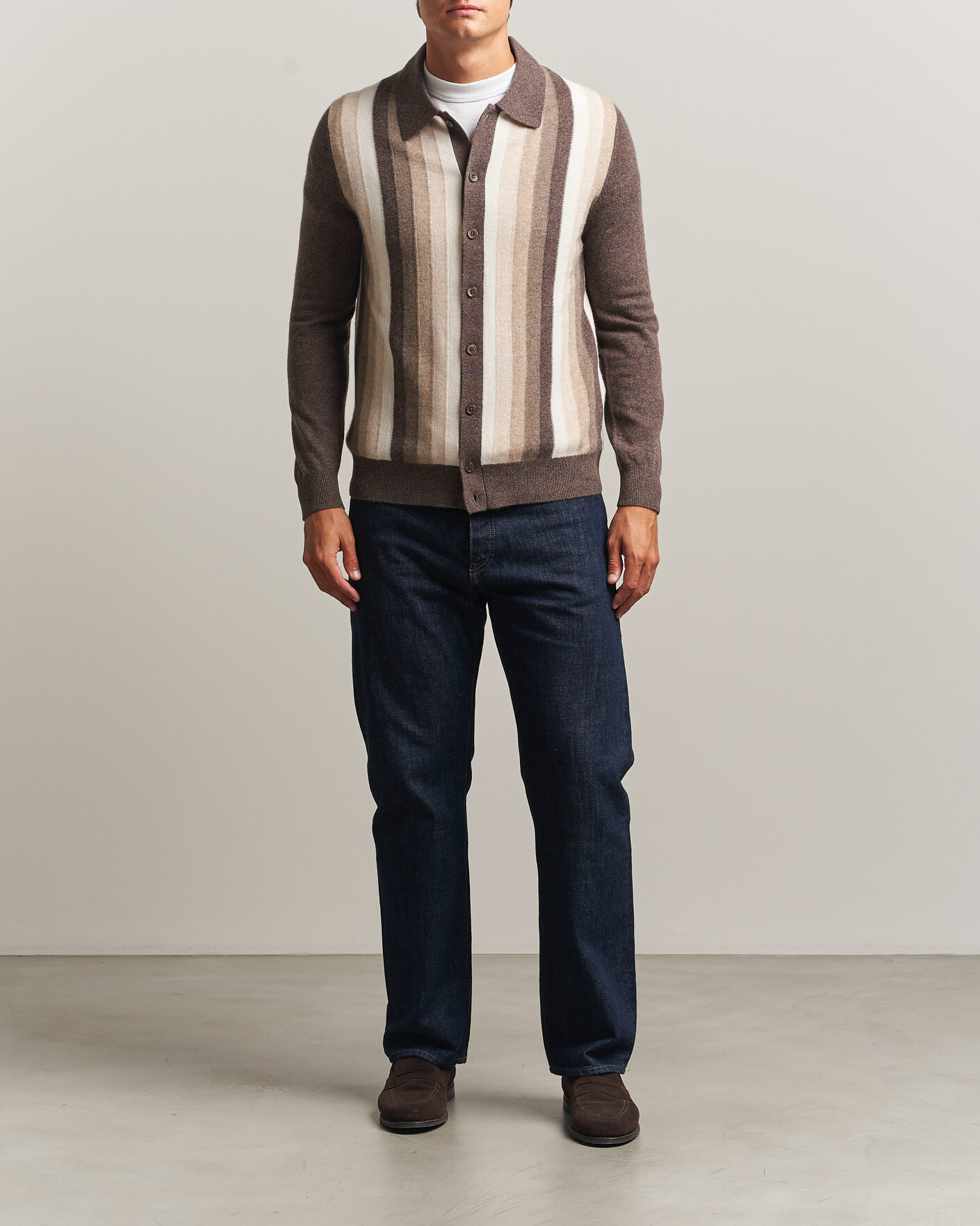 Herren | Pullover | Stenströms | Cashmere Striped Polo Cardigan Brown