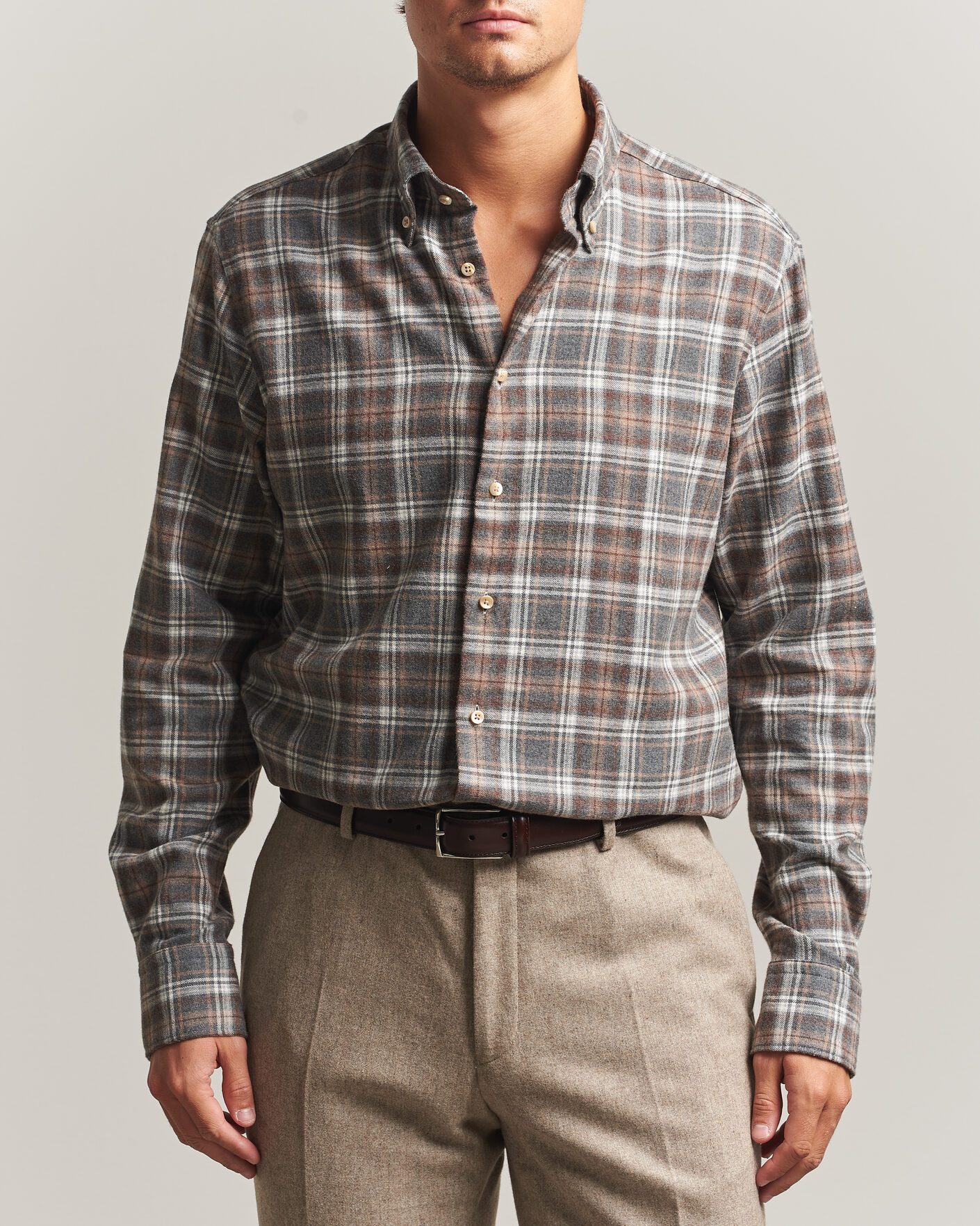 Herren | Hemden | Stenströms | Regular Fit Check Cut Away Flannel Shirt Brown