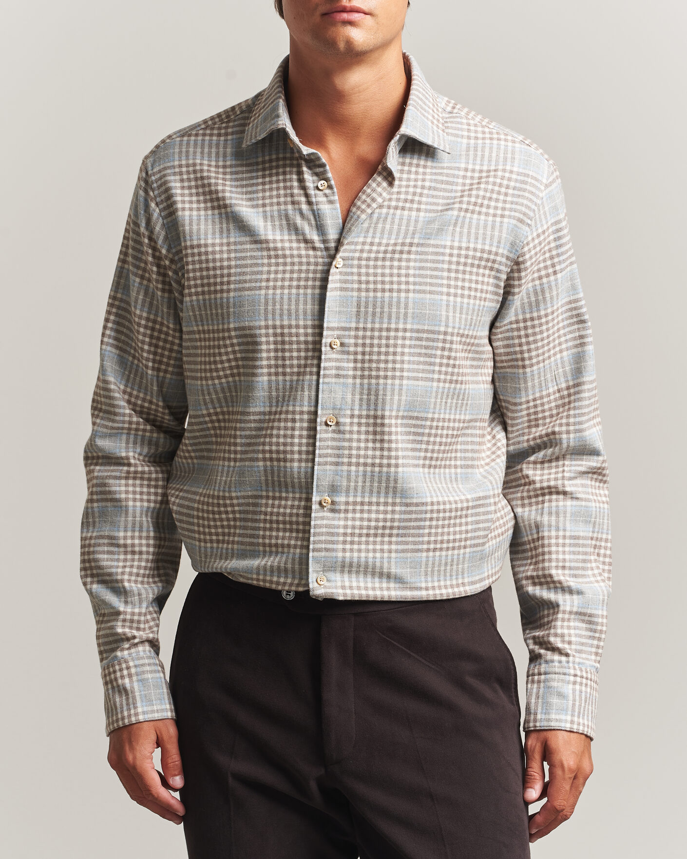 Herren | Hemden | Stenströms | Regular Fit Overcheck Flannel Shirt Light Brown