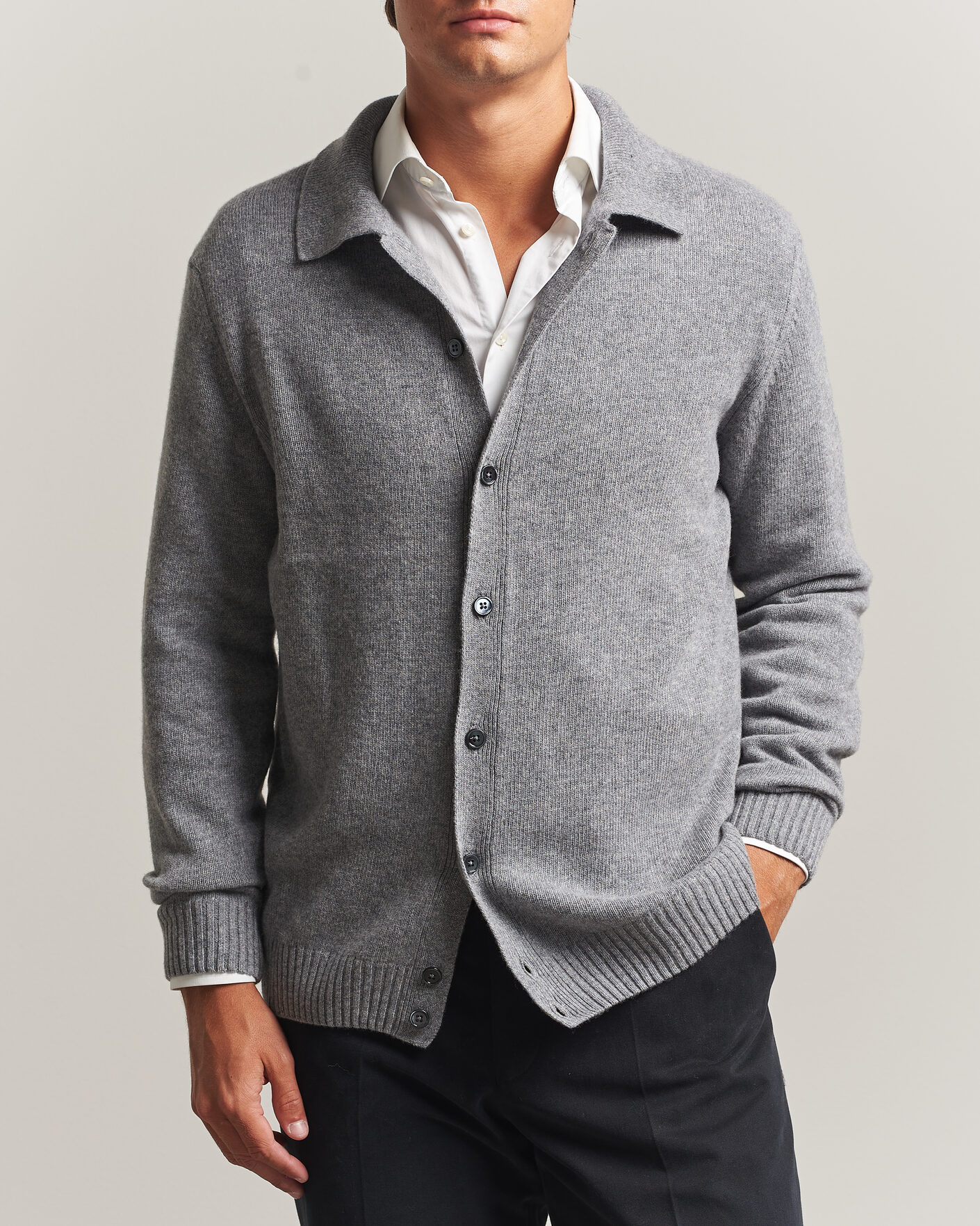 Herren | Pullover | Stenströms | Brushed Merino Polo Cardigan Grey