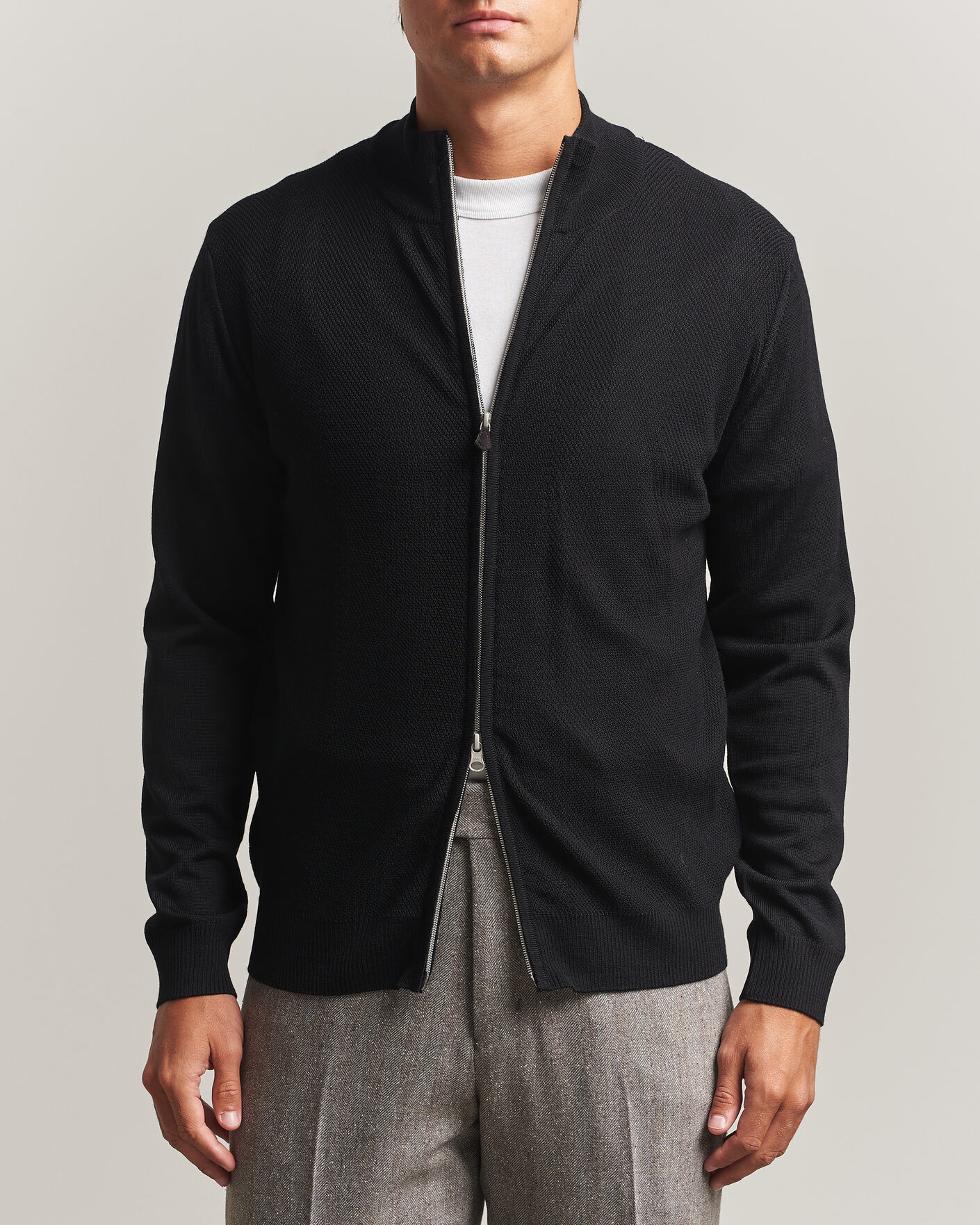 Herren | Pullover | Stenströms | Merino Herringbone Full Zip Black