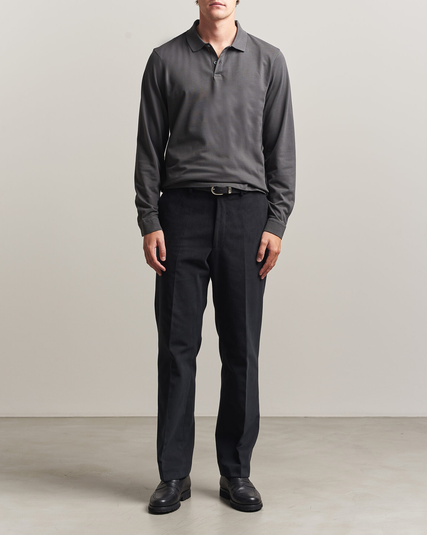 Herren | Poloshirts | Sunspel | Supima Cotton Long Sleeve Pique Polo Anthracite