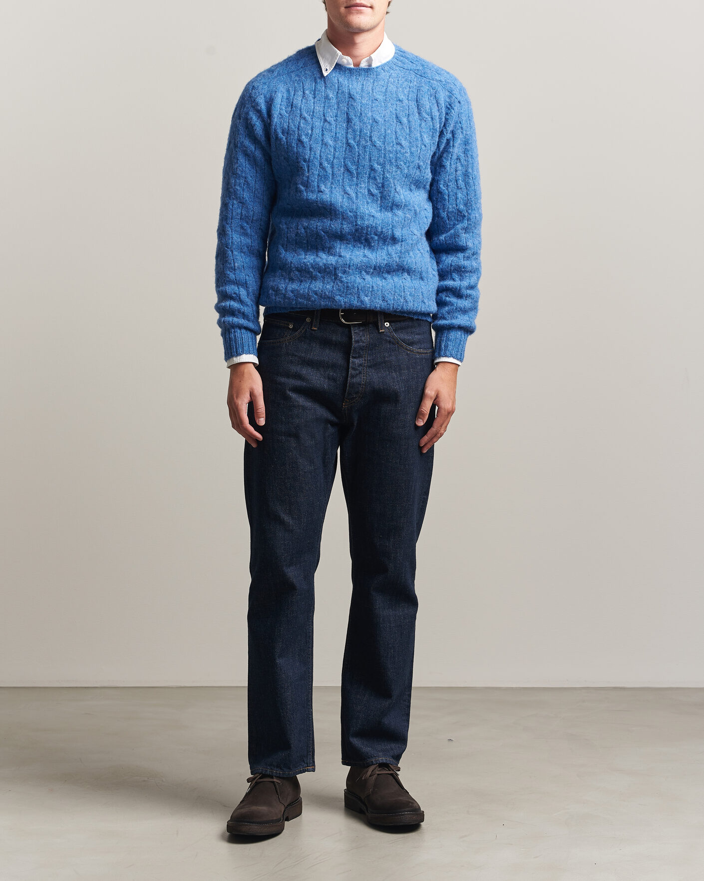 Herren | Pullover | Harley Of Scotland | Brushed Supersoft Lambswool Cable Cobalt