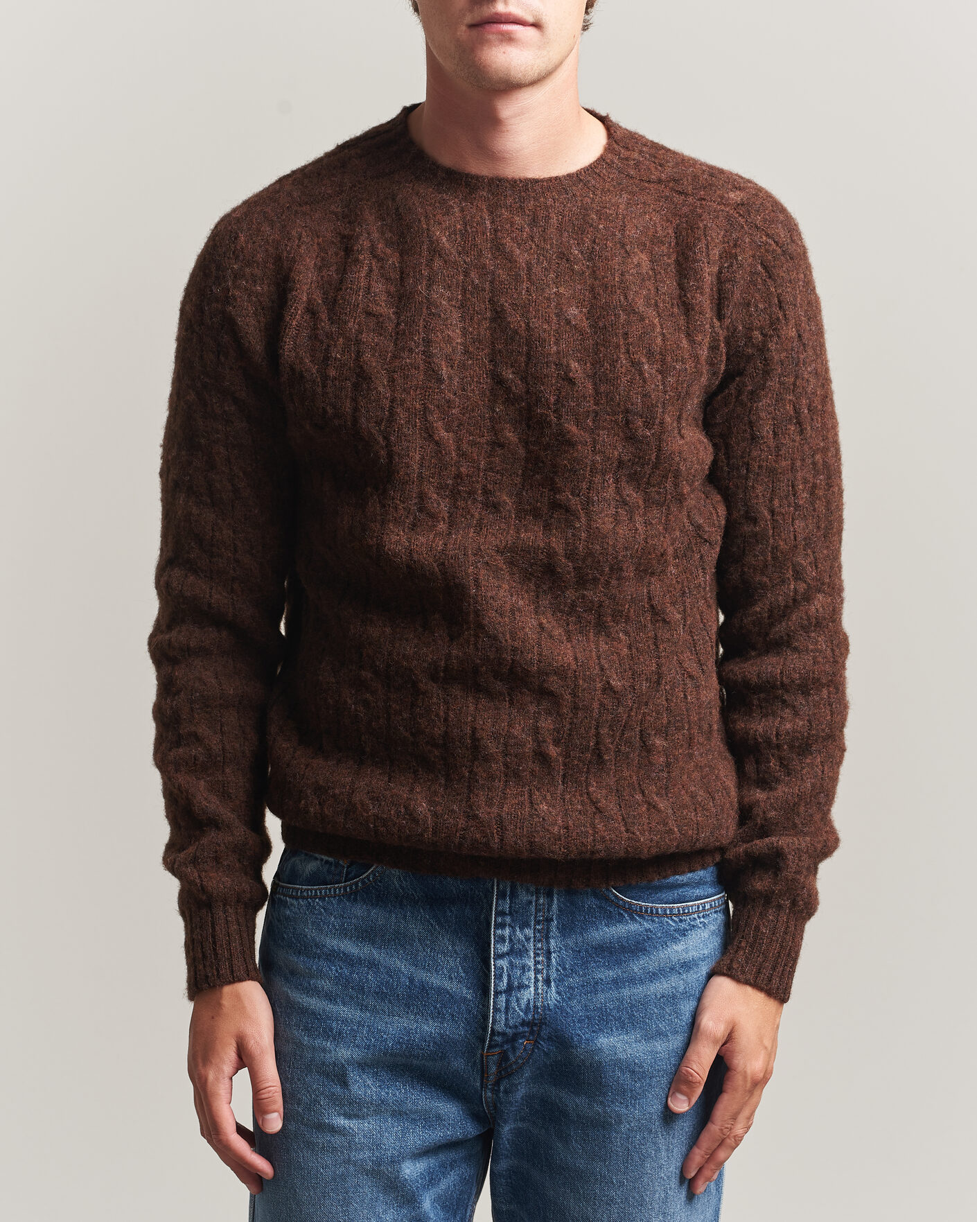 Herren | Pullover | Harley Of Scotland | Brushed Supersoft Lambswool Cable Marron
