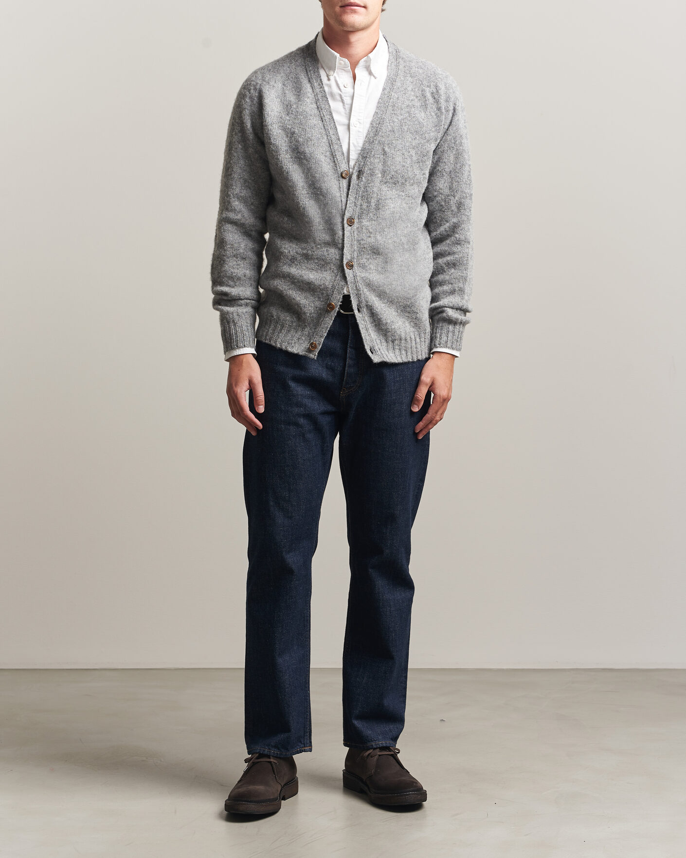Herren | Pullover | Harley Of Scotland | Brushed Supersoft Lambswool Cardigan Mid Grey