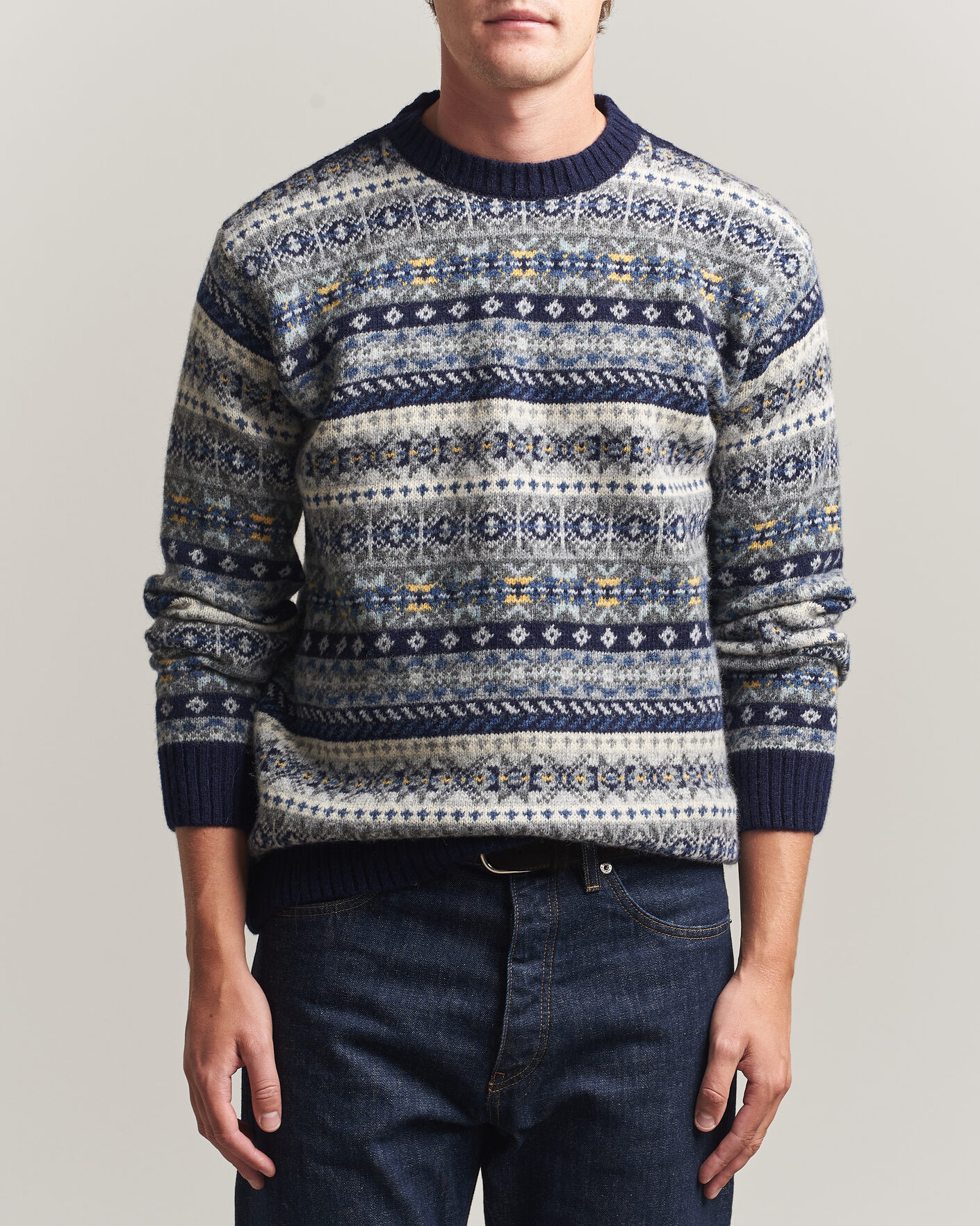 Herren | Pullover | Harley Of Scotland | Supersoft 2ply Lambswool Fairisle Crew Navy
