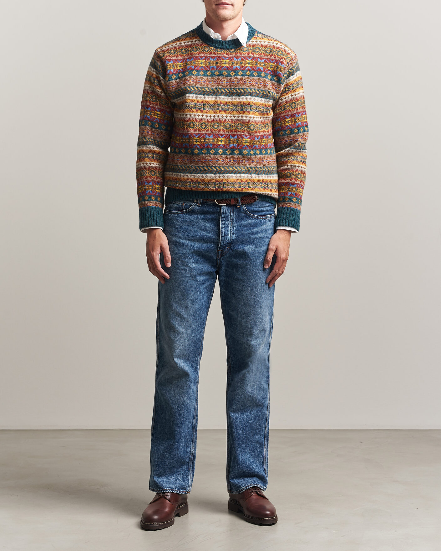 Herren | Pullover | Harley Of Scotland | Supersoft 2ply Lambswool Fairisle Crew Tempest