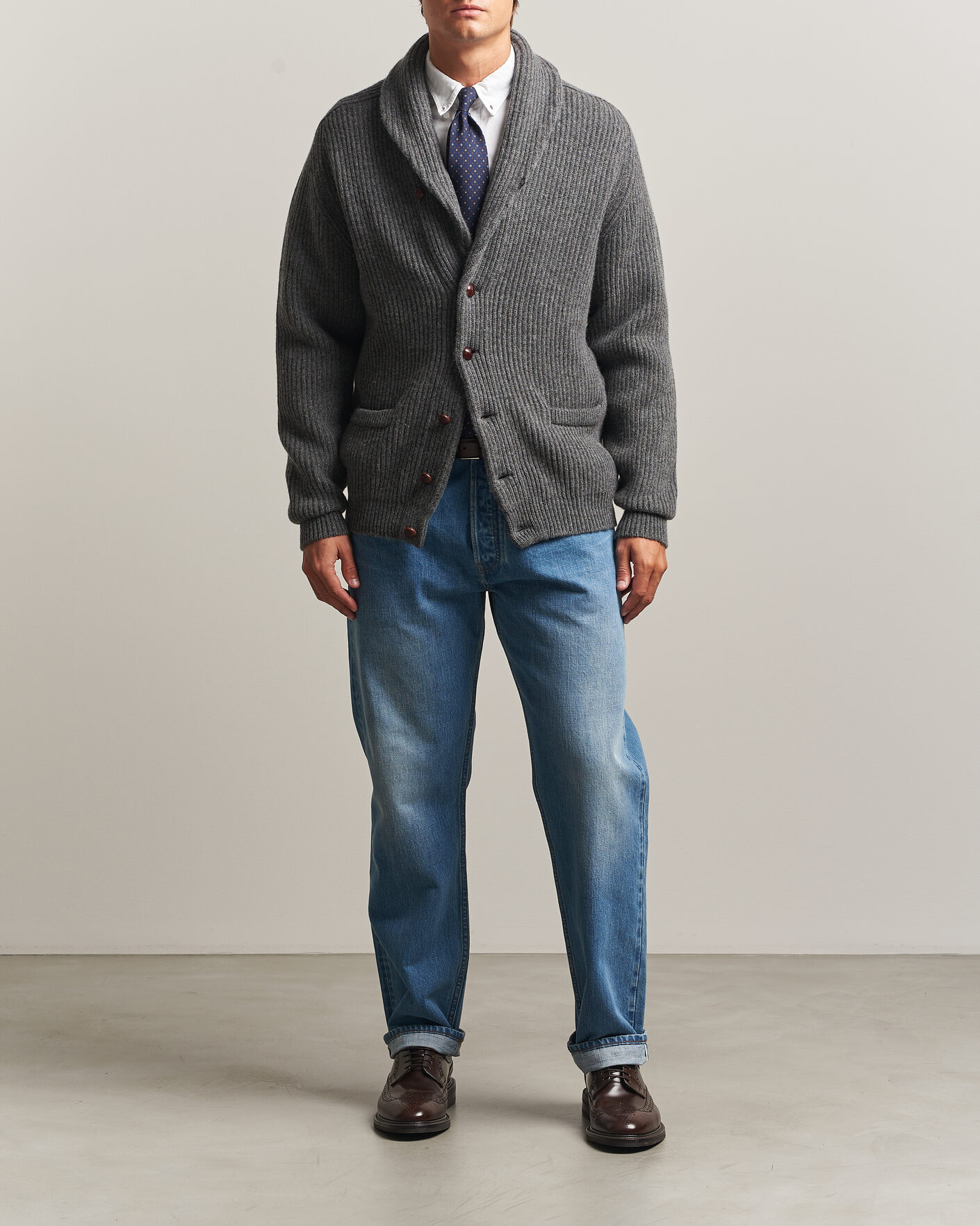 Herren | Pullover | Drake's | Lambswool Shawl Collar Rib Cardigan Grey