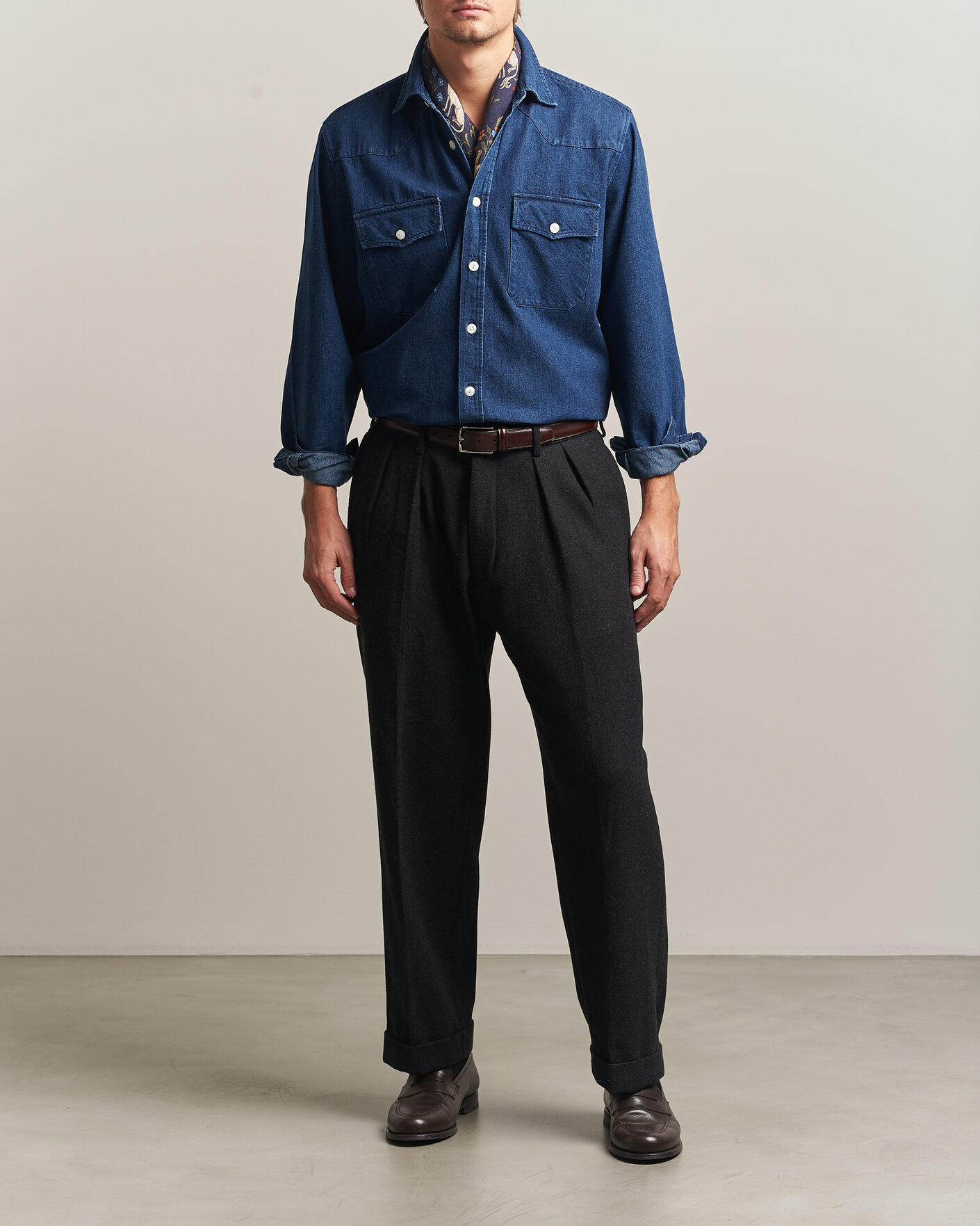 Herren | Hemden | Drake's | Western Selvedge Denim Shirt Stone Wash Indigo