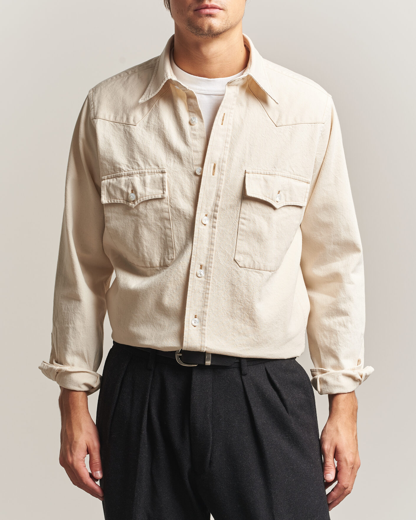Herren | Hemden | Drake's | Western Denim Shirt Stone Wash Ecru