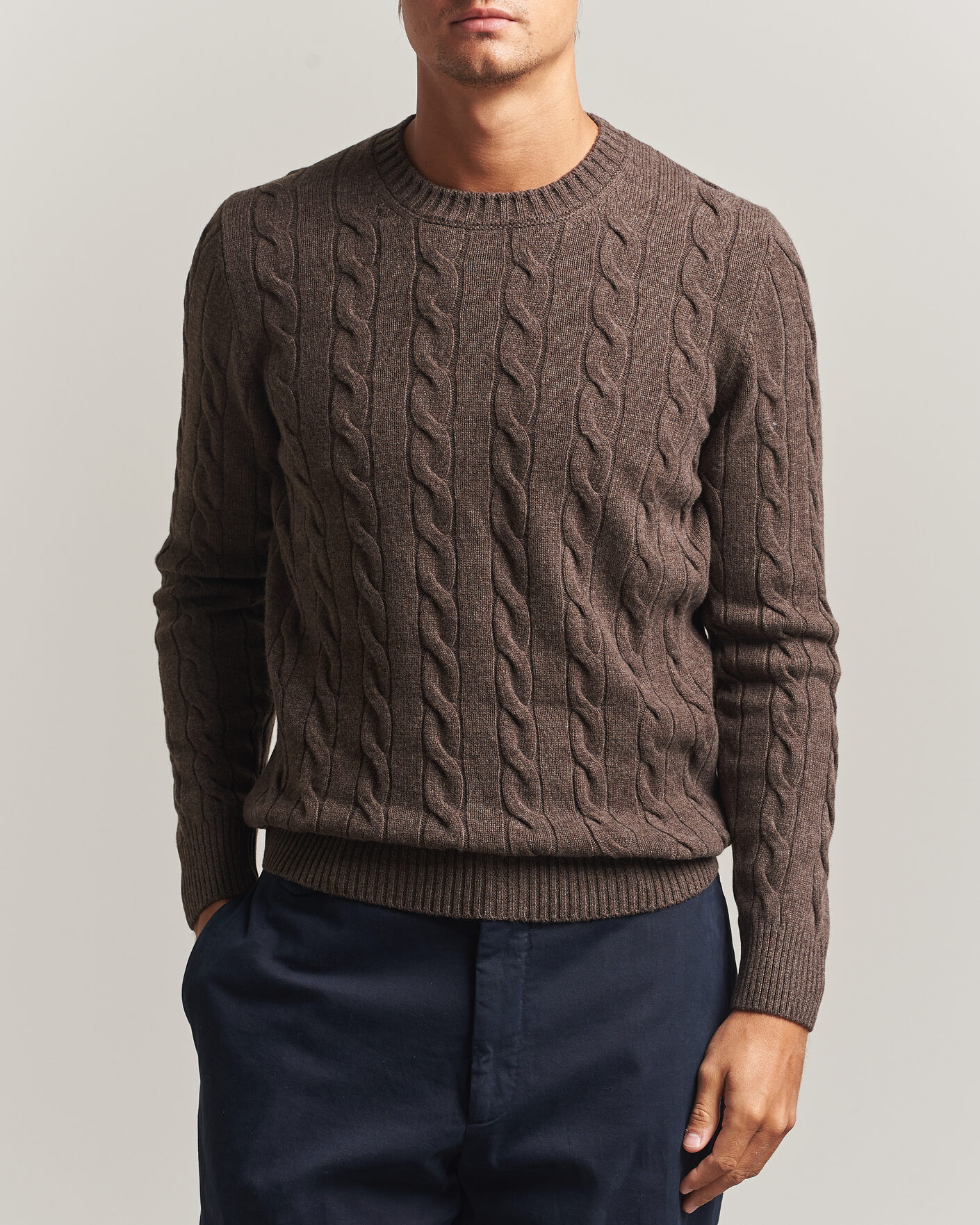 Herren | Pullover | Gran Sasso | Wool/Cashmere Cable Crew Neck Dark Brown Melange