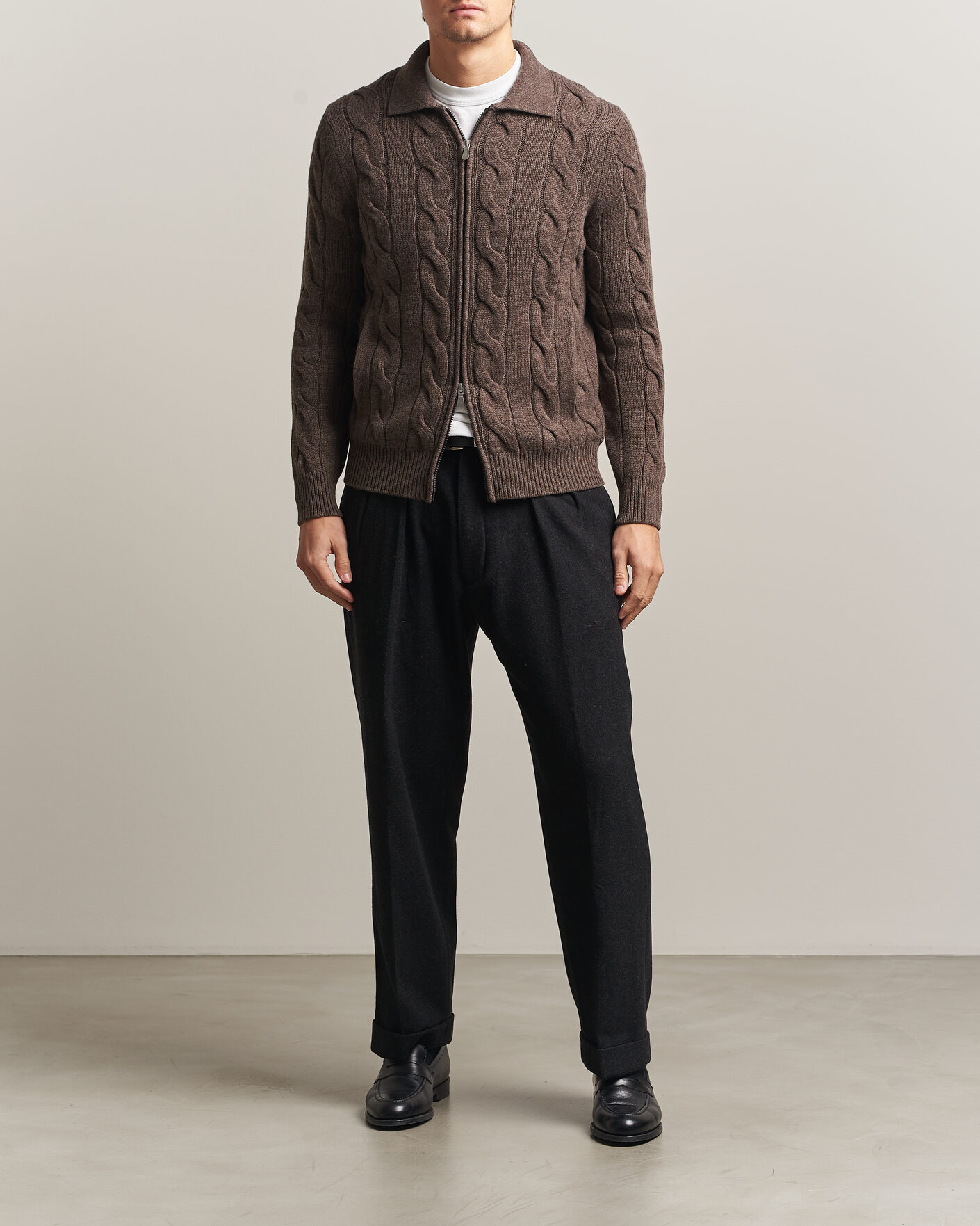 Herren | Pullover | Gran Sasso | Wool/Cashmere Cable Full Zip Dark Brown Melange