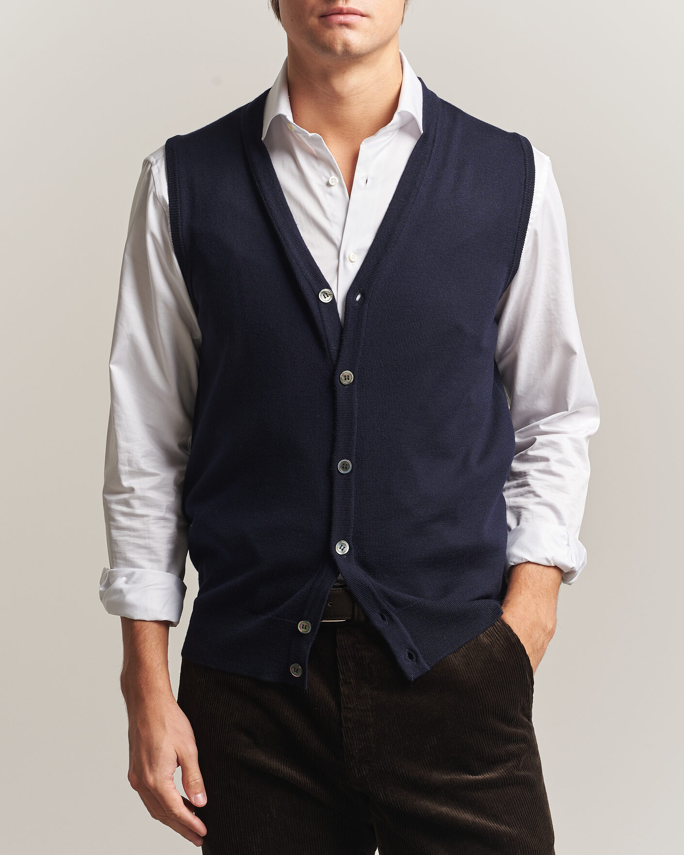 Herren | Pullover | Morgano | Extra Fine Merino Wool Sleevles Cardigan Vest Navy