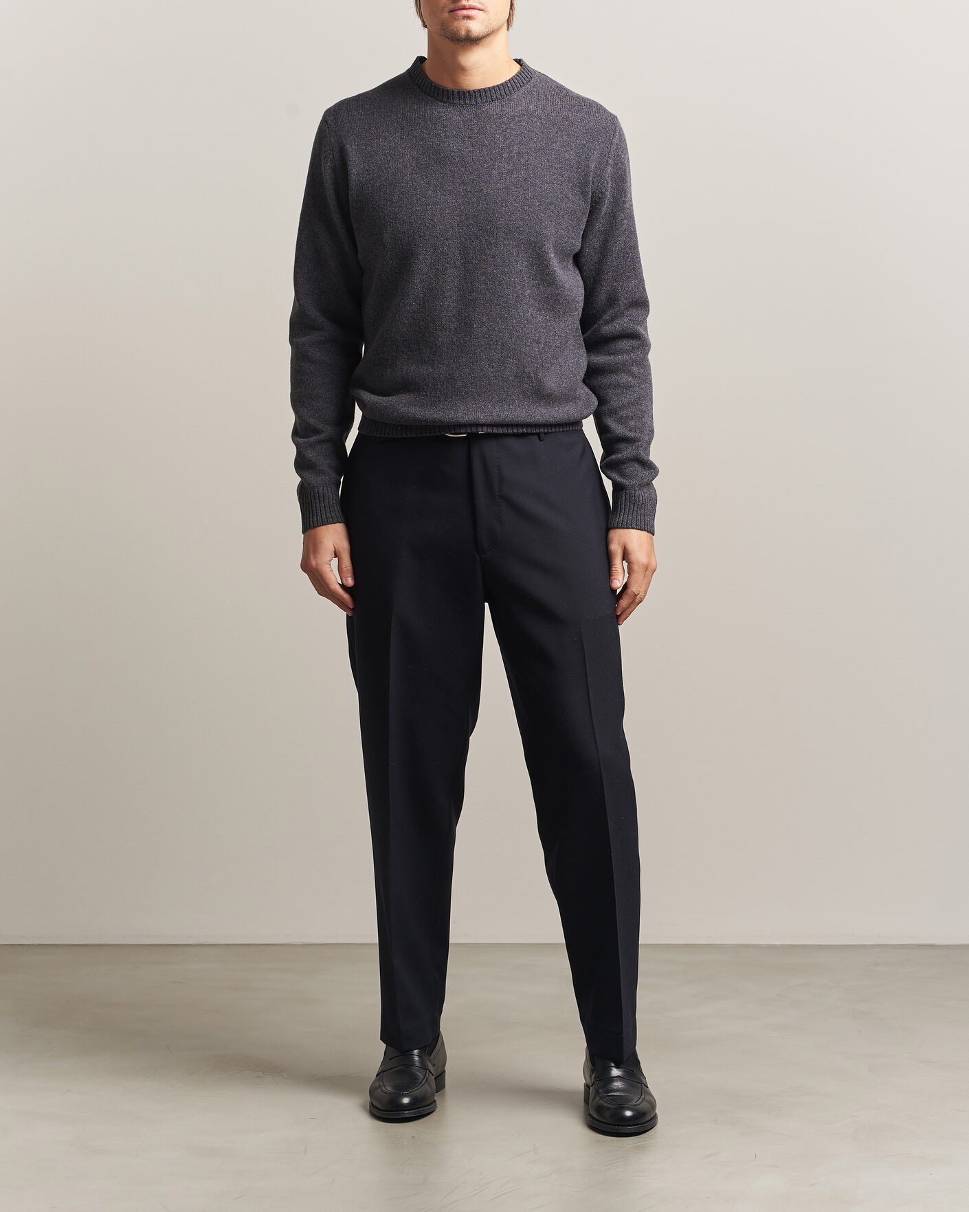 Herren | Pullover | Stenströms | Knitted Lambswool Crew Neck Dark Grey Melange
