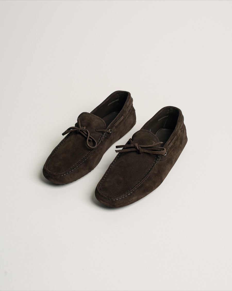 Herren | Tod's Laccetto Gommino Carshoe Dark Brown Suede | Pre-owned | Tod's Laccetto Gommino Carshoe Dark Brown Suede