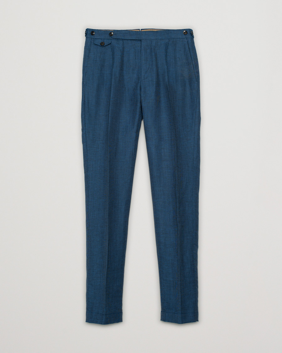 Herren | PT01 Slim Fit Pleated Linen Blend Trousers Dark Blue | Pre-owned | PT01 Slim Fit Pleated Linen Blend Trousers Dark Blue