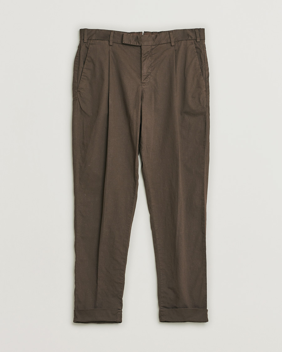 Herren | PT01 Slim Fit Pleated Linen Blend Trousers Chocolate | Pre-owned | PT01 Slim Fit Pleated Linen Blend Trousers Chocolate